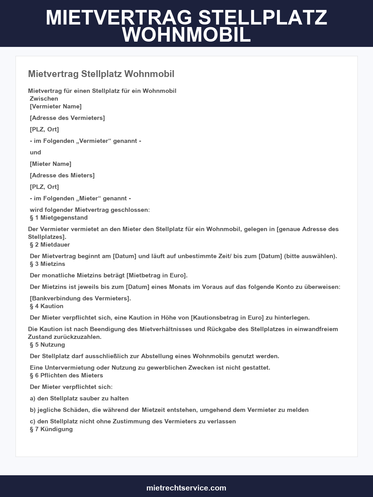 Mietvertrag Stellplatz Wohnmobil